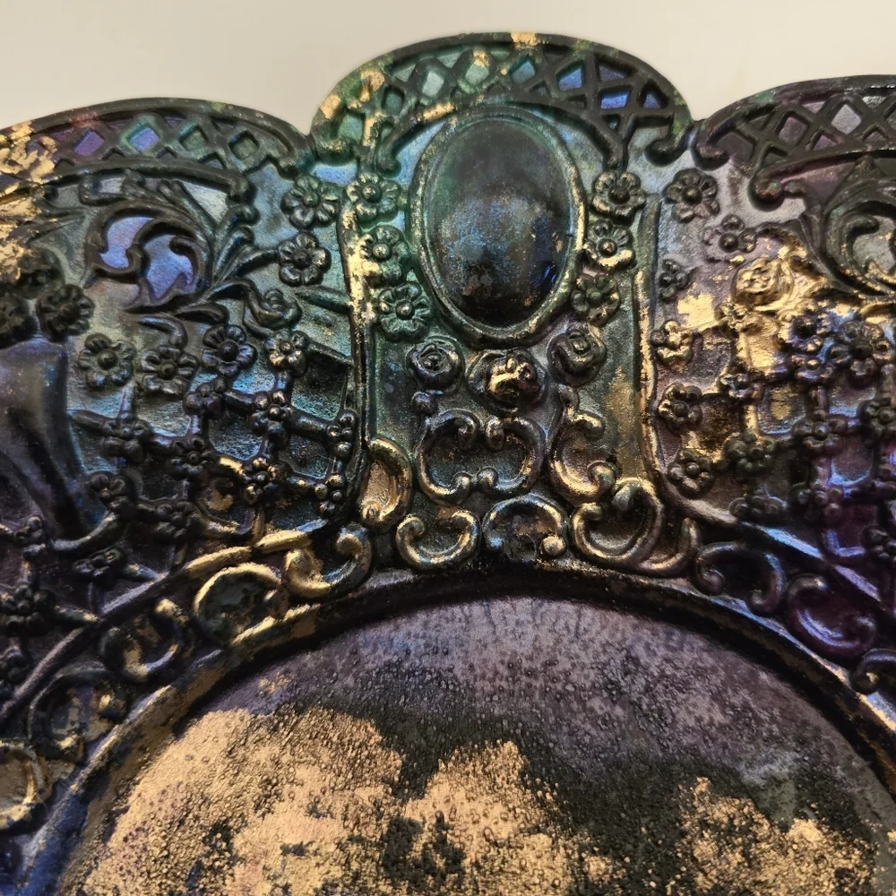 HANDCRAFTED Upcycled Silver Plated Stemmed Dish HANDPAINTED Centerpiece Art